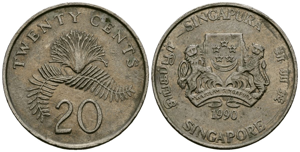 Сингапур 20 центов 1990 KM 52 медно-никель 4138-533