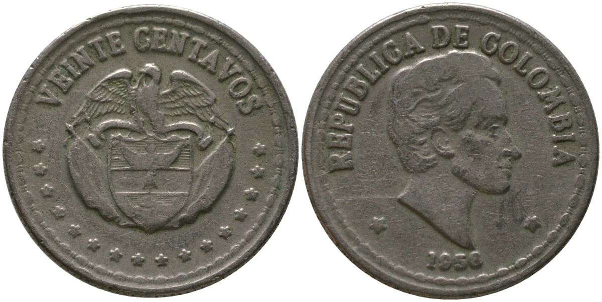 Колумбия 20 сентаво 1956 KM 215.1 медно-никель 4529-635