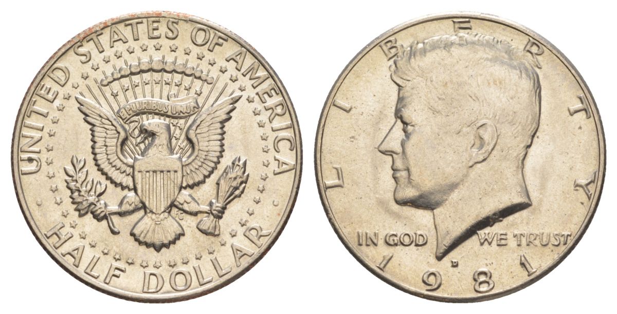 США 1/2 доллара (50 центов) 1981 D, Джон Кеннеди KM A202b медь плакированная медно-никелем aUNC 4367-236