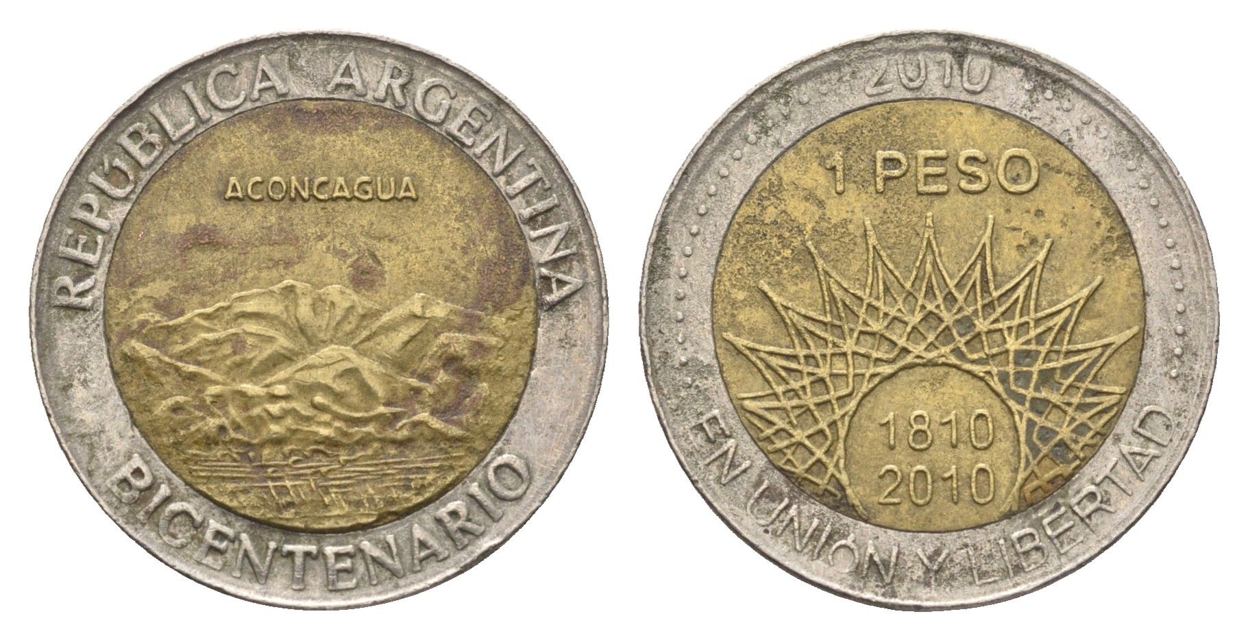 Аргентина 1 песо 2010 200 лет Аргентине - вулкан Аконкагуа KM 157 биметалл 4663-645