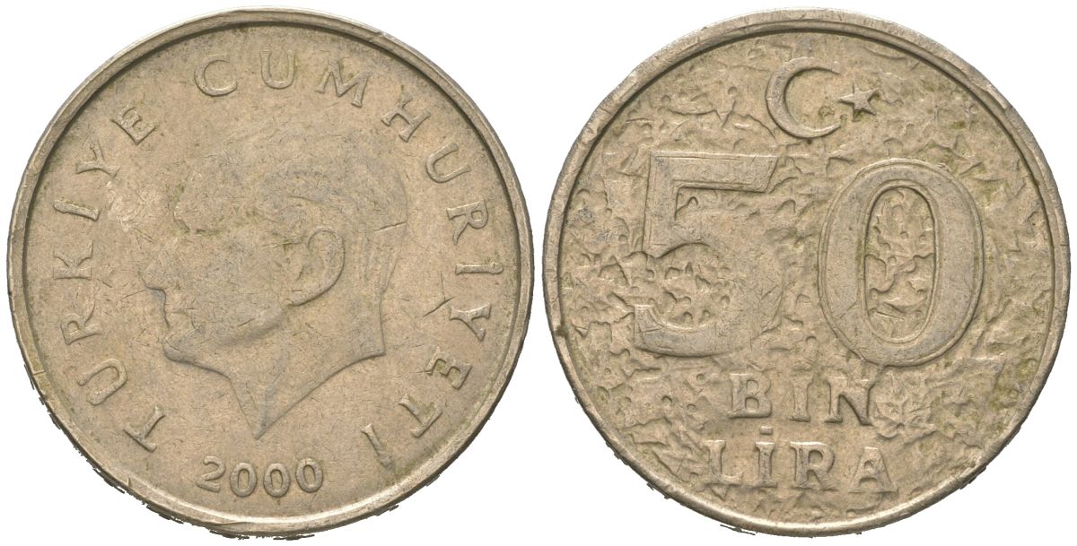 Турция 50000 лир 2000 Мустафа Кемаль Ататюрк KM 1056 медь цинк никель 4590-943