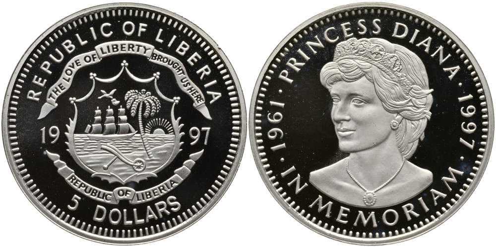 ЛИБЕРИЯ 5 ДОЛЛАРОВ 1997 МОНЕТА ПАМЯТИ, ЛЕДИ ДИАНА (1961-1997) KM 445 медно-никель PROOF 01-237-45