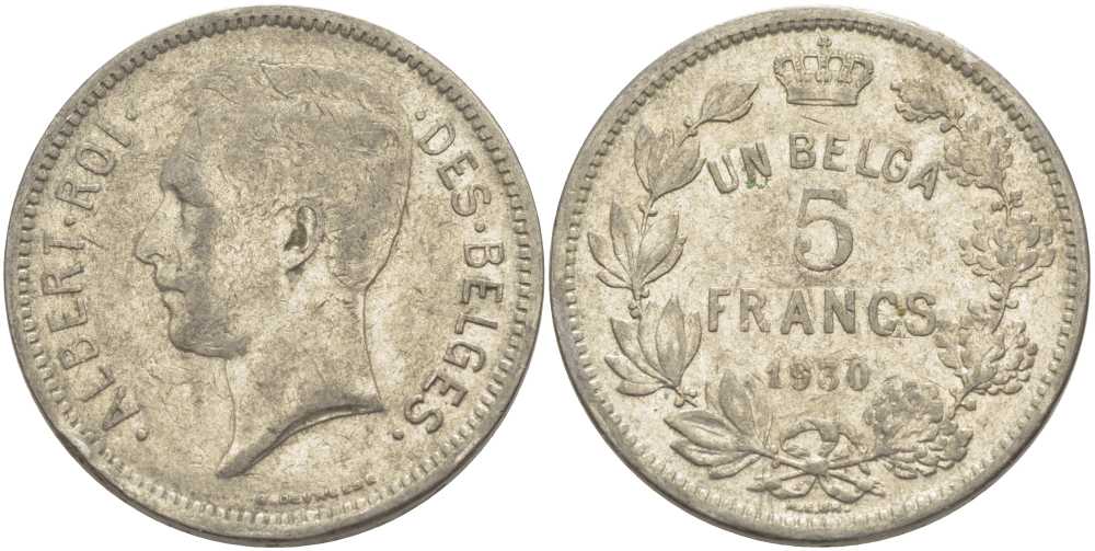 БЕЛЬГИЯ 5 ФРАНКОВ 1930 АЛЬБЕРТ I, DES BELGES KM 97.1 никель 3851-126