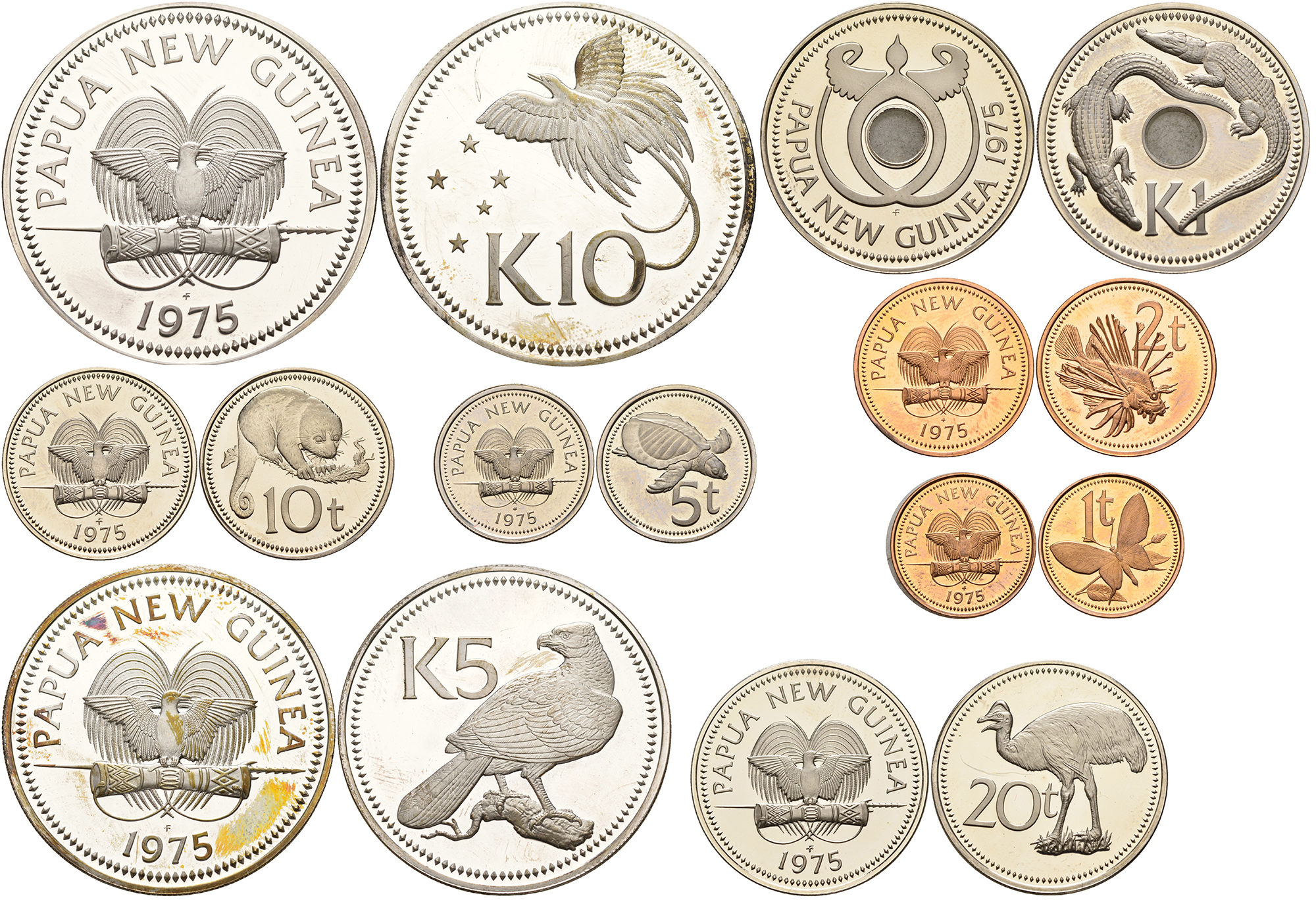 Папуа-Новая Гвинея набор из 8 монет 1975 официальный набор в оригинальной коробке, с сертификатом, тираж 42340 экземпляров KM PS1, KM 1-6,7a, 8a   PROOF  14-01-04-09