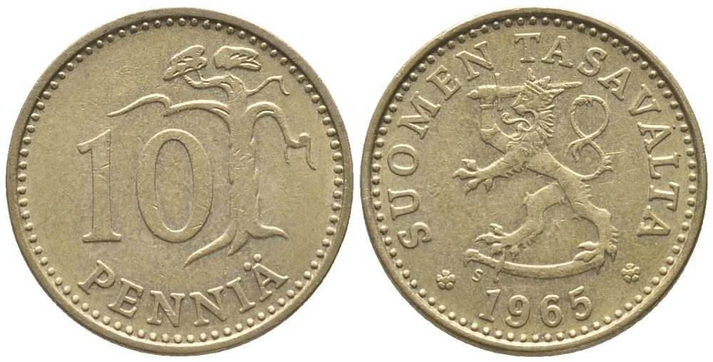 ФИНЛЯНДИЯ 10 ПЕННИ 1965 S KM 46 алюминиевая бронза 100-966