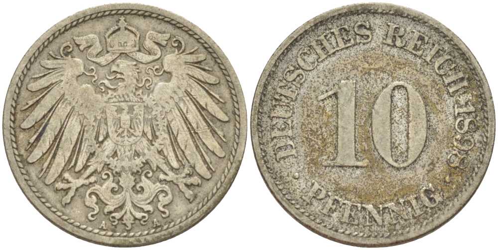 ГЕРМАНИЯ 10 ПФЕННИГОВ 1898 A KM 12, J. 13, Weege 8 медно-никель 261-1316