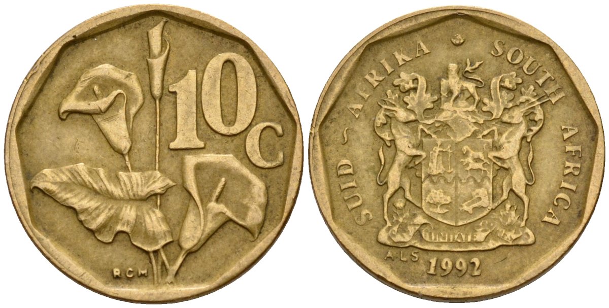 ЮАР 10 центов 1992 цветок KM 135 сталь плакированная латунью 4174-846