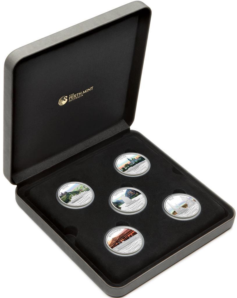 Тувалу набор из 5 монет 2010 великие реки мира, в оригинальной коробке, с сертификатом, цветная эмаль KM NEW серебро PROOF 14-01-02-04