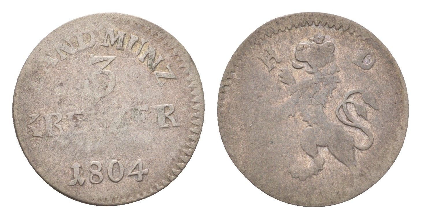 Гессен-Дармштадт 3 крейцера 1804 Людвиг I (1790-1830) KM 256 серебро 4655-1253