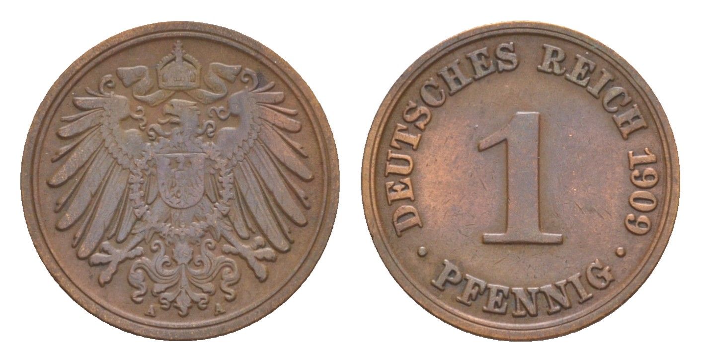 Германия 1 пфенниг 1909 A, Вильгельм II (1888-1918) KM 10, J. 10 медь 4639-1137