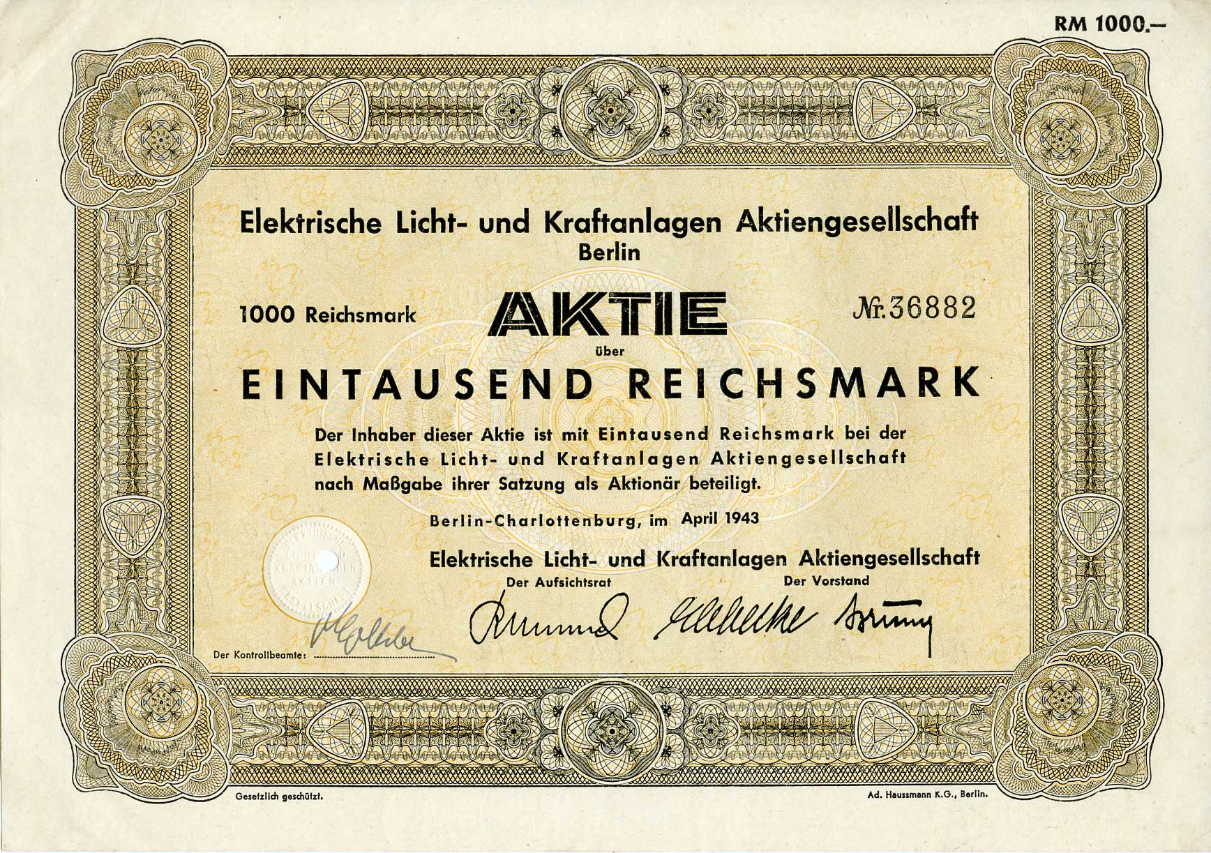 Германия 1000 рейхсмарок 1943 АО Электрические осветительные и энергетические установки, Берлин, акция   бумага  8804-78-1