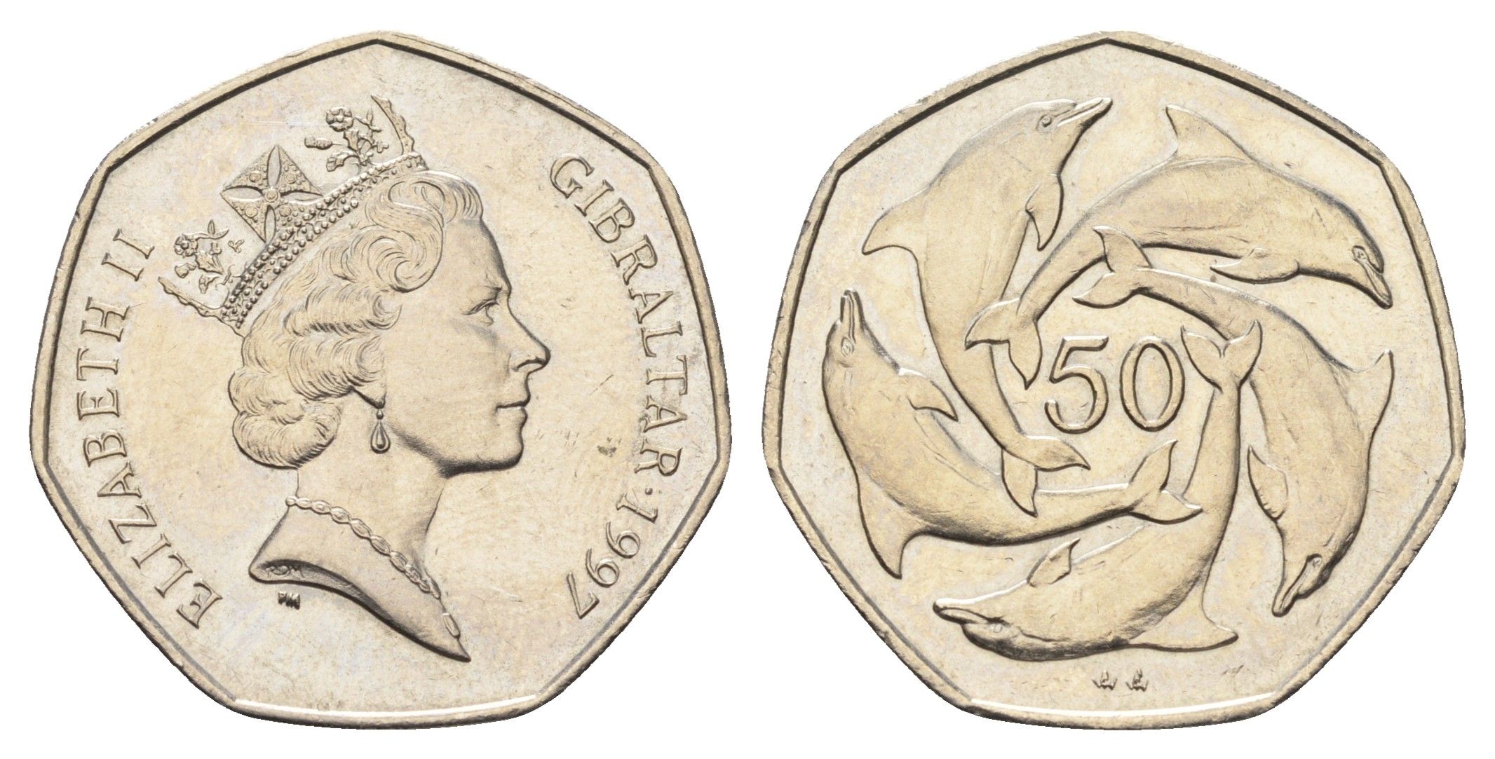 Гибралтар 50 пенсов 1997 год-тип KM 39.1 медно-никель aUNC 1524-2031