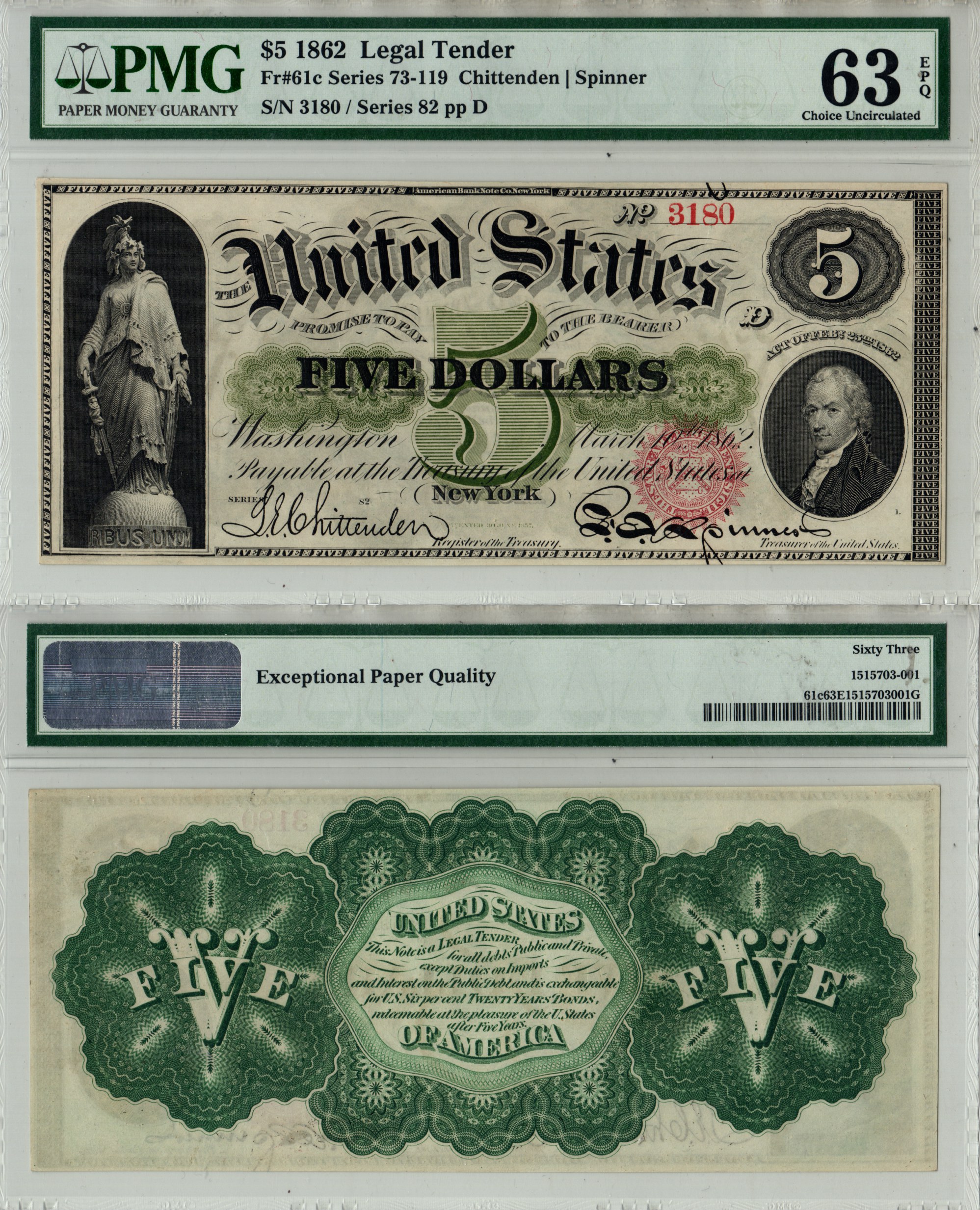 США, Legal Tender 5 долларов 1862 В слабе компании PMG. Сохранность - «63 EPQ». Fr. 61 c  бумага  UNC (пресс) 10-2-3