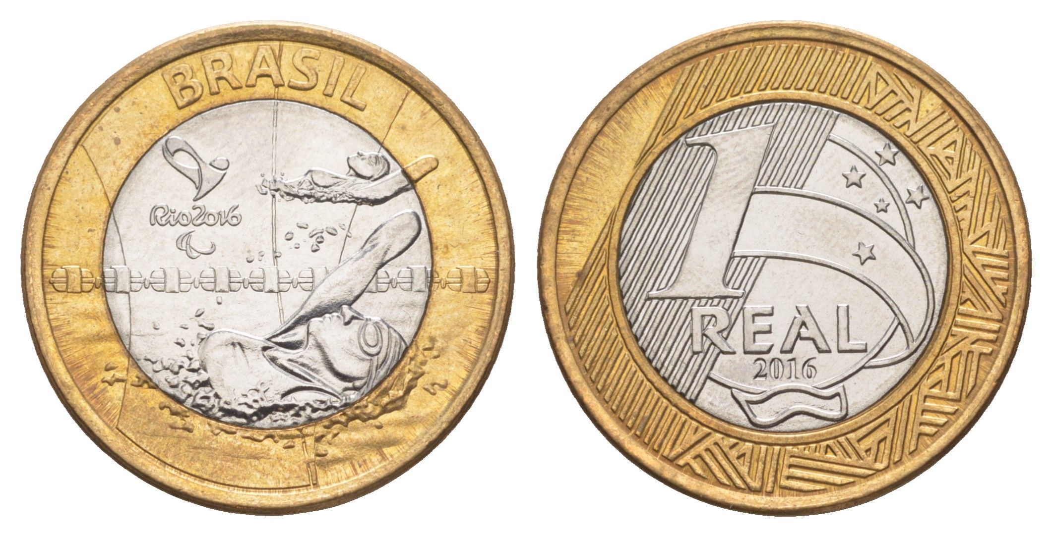 Бразилия 1 реал 2016 XV летние Паралимпийские игры, Рио-де-Жанейро 2016 - Паралимпийское плавание KM 725 биметалл UNC 4646-211