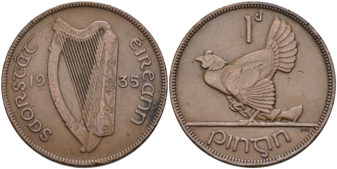 Ирландия 1 пенни 1935 курица с цыплятами KM 3 бронза 88-822