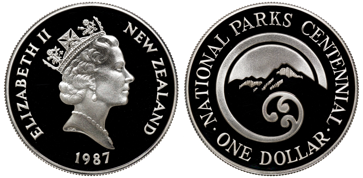Новая Зеландия 1 доллар 1987 100 лет Национальному парку, Елизавета II (1952-2022), в оригинальной коробке KM 65а серебро PROOF 4-3-4-40