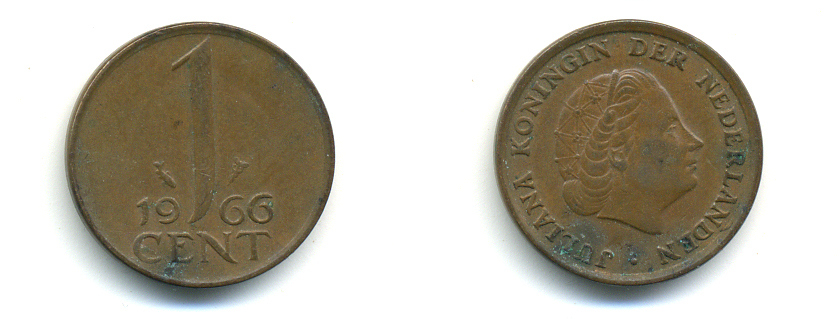 НИДЕРЛАНДЫ 1 ЦЕНТ 1966 ЮЛИАНА KM 180 бронза 4379-1324