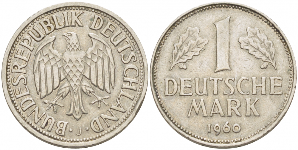 ФРГ 1 МАРКА 1960 J KM 110, J. 385 медно-никель 3718-1114