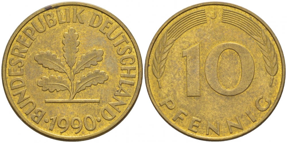 ФРГ 10 ПФЕННИГОВ 1990 J KM 108, J.383 сталь плакированная латунью 3718-842