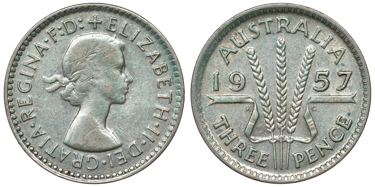 Австралия 3 пенса 1957 m, Елизавета II (1952-2022) KM 57 серебро 71-514