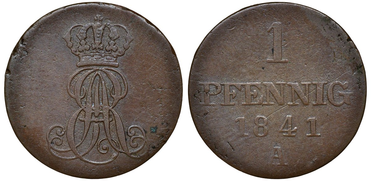 Ганновер 1 пфенниг 1841 A, Эрнст Август (1837-1851) KM 173.1, AKS 126, J. 54 медь 72-1047