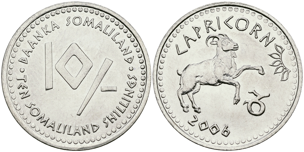 Сомалиленд 10 шиллингов 2006 СЕРИЯ ЗНАКИ ЗОДИАКА, КОЗЕРОГ KM NEW никелированная сталь UNC 540-842