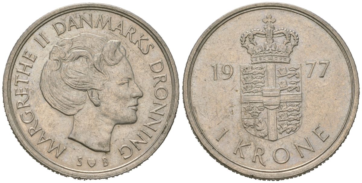 Дания 1 крона 1977 S; B, Маргарете II (1972-2024) KM 862.1 медно-никель 4612-1027
