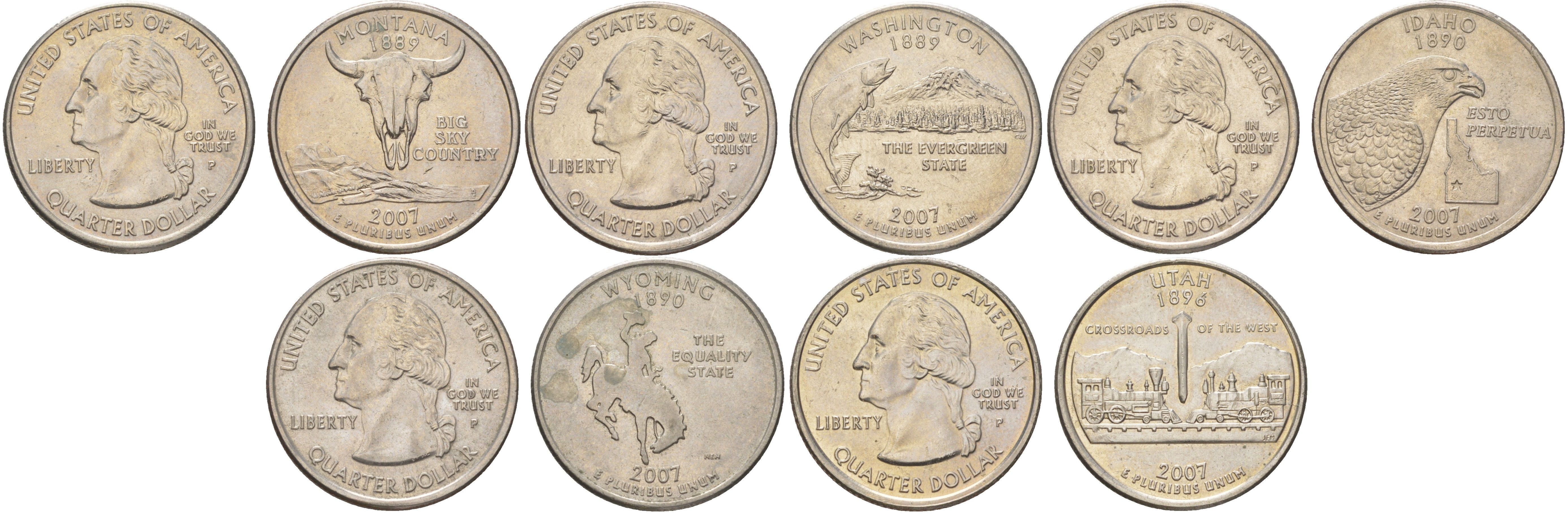 США годовой набор из 5 монет (25 центов, квотер, 1/4 доллара) серии квотеры 50 штатов 2007 Квотер штата Монтана, Вашингтон, Айдахо, Вайоминг и Юта KM 396, 397, 398, 399 и 400 медь плакированный медно-никелем UNC 4629-141-145