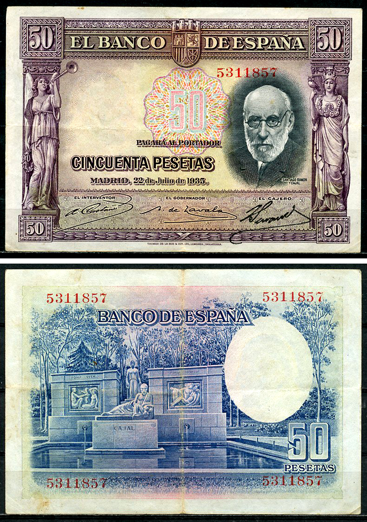 Испания 50 песет 1935 сиреневая, Сантьяго Рамон-и-Кахаль, памятник Pick 88  бумага  6294-62-1-1