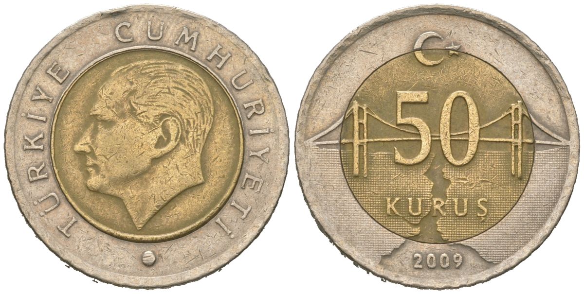 Турция 50 курушей 2009 Кемаль Ататюрк KM 1243 биметалл 4620-552