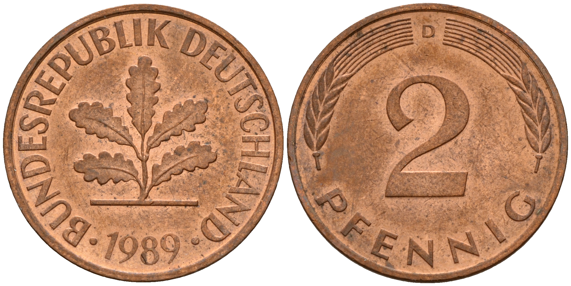 ФРГ 2 пфеннига 1989 D J.381a, KM 106a сталь плакированная медью    4598-923