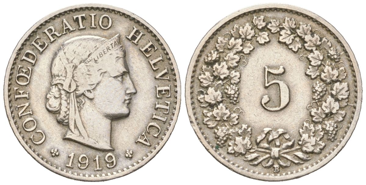 Швейцария 5 раппенов 1919 B KM 26 медно-никель 4160-823