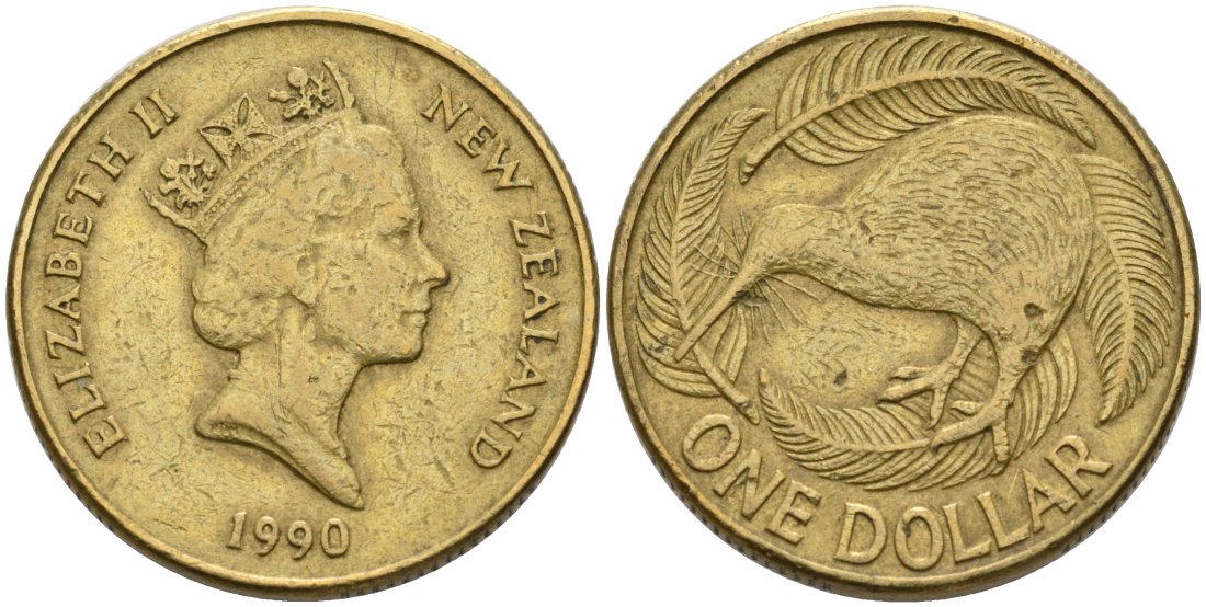 Новая Зеландия 1 доллар 1990 Елизавета II (1952-2022), птица киви KM 78 алюминиевая бронза 29-512
