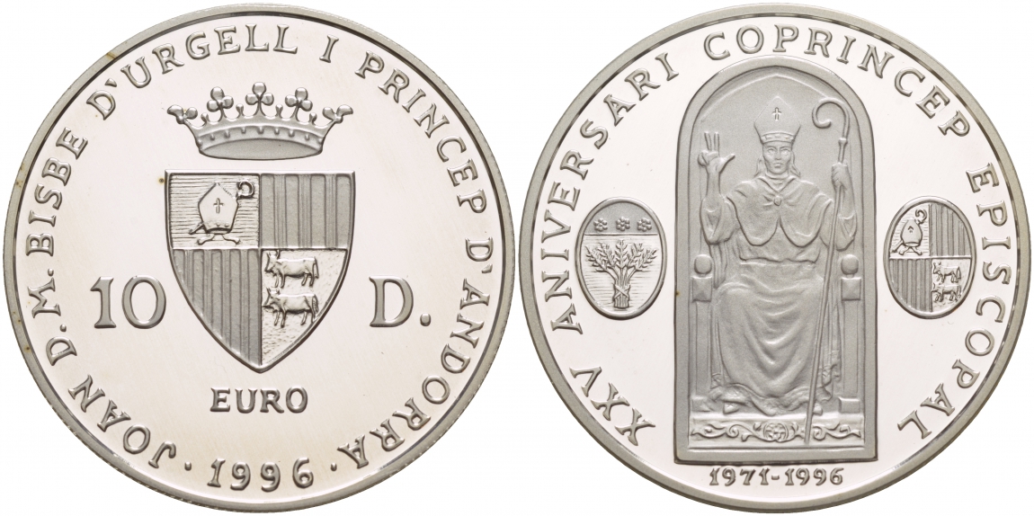 Андорра 10 динеров 1996 25 лет соправления  Жоана Марти-и-Аланиса, ECU KM 125 серебро PROOF 1088-8-22