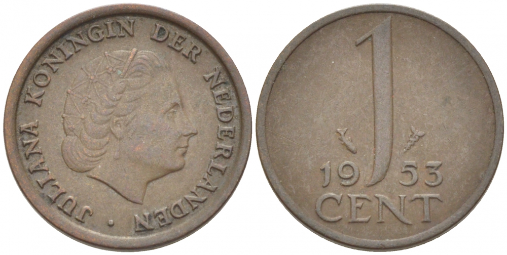 Нидерланды 1 цент 1953 Юлиана (1948-1980) КМ 180 бронза 3955-224