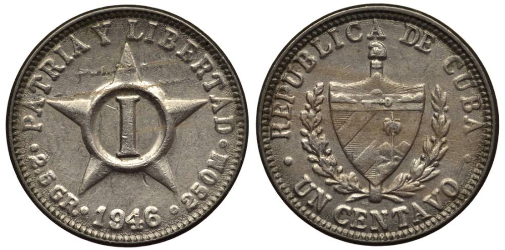 Куба 1 сентаво 1946 звезда, первая Республика (1902-1961) KM 9.2 медно-никель 4549-929