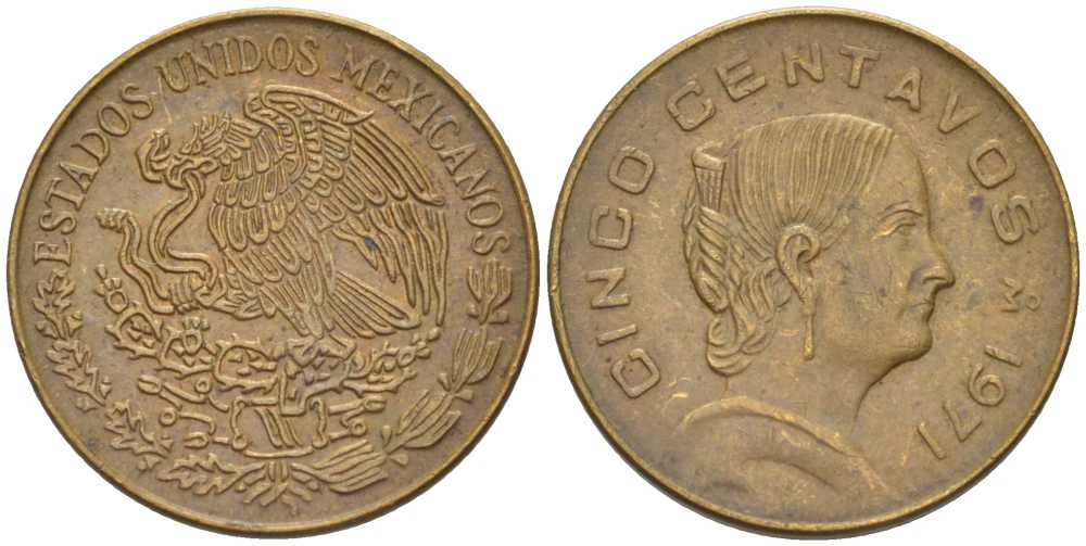 Мексика 5 сентаво 1971 Жозефа Ортис де Домингес KM 427 латунь 105-866
