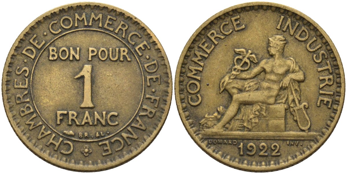 Франция 1 франк 1922 KM 876, Le Franc 218.5 алюминиевая бронза 4142-645