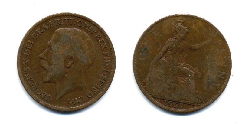 Великобритания 1 пенни 1921 Георг V (1910-1936) KM 810, Spink 4051 бронза 47-535