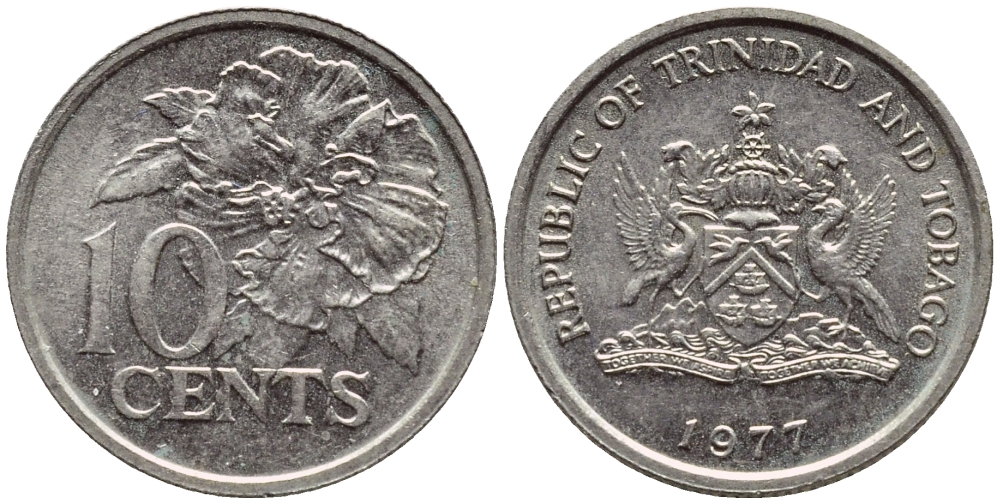 Тринидад и Тобаго 10 центов 1977 цветок гибискуса KM 31 медно-никель 4396-861