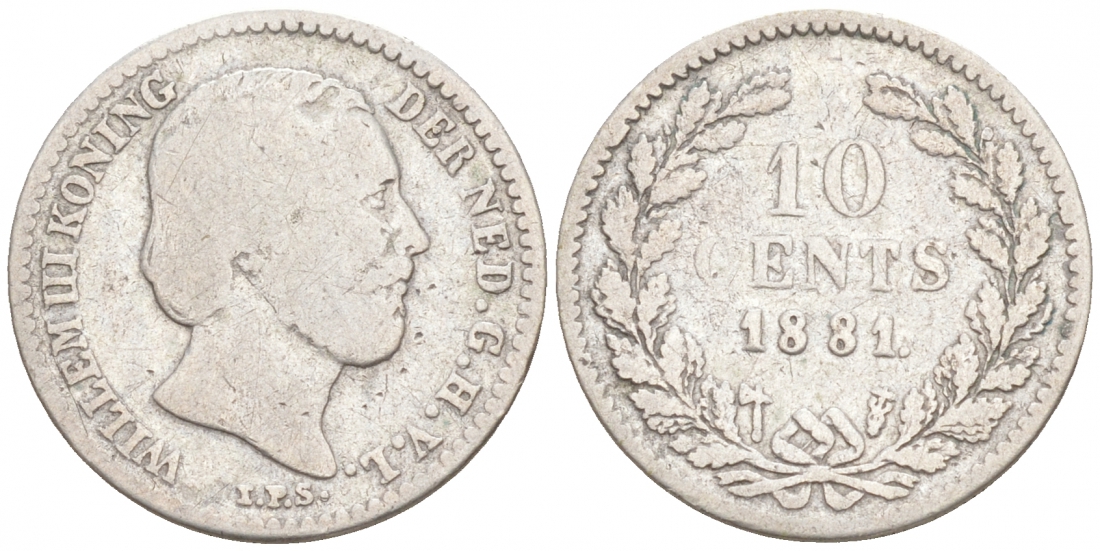 НИДЕРЛАНДЫ 10 ЦЕНТОВ 1881 ВИЛЬГЕЛЬМ III KM 80 серебро 44-1023