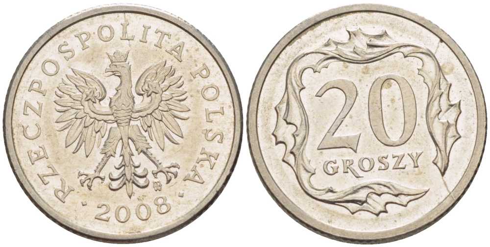 Польша 20 грошей 2008 MW KM 280 медно-никель 201-523