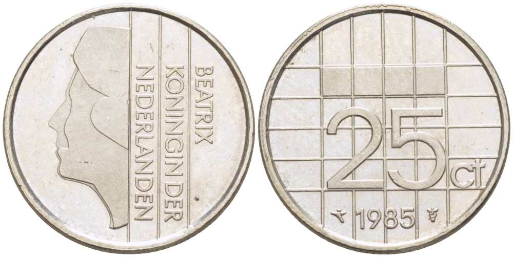 НИДЕРЛАНДЫ 25 ЦЕНТОВ 1985 БЕАТРИКС KM 204 никель 3309-355