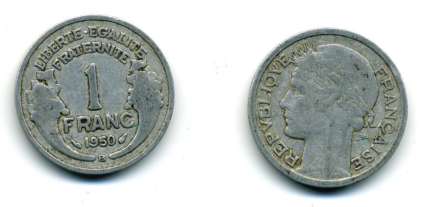 ФРАНЦИЯ 1 ФРАНК 1950 В KM 885а.2 алюминий 84-515