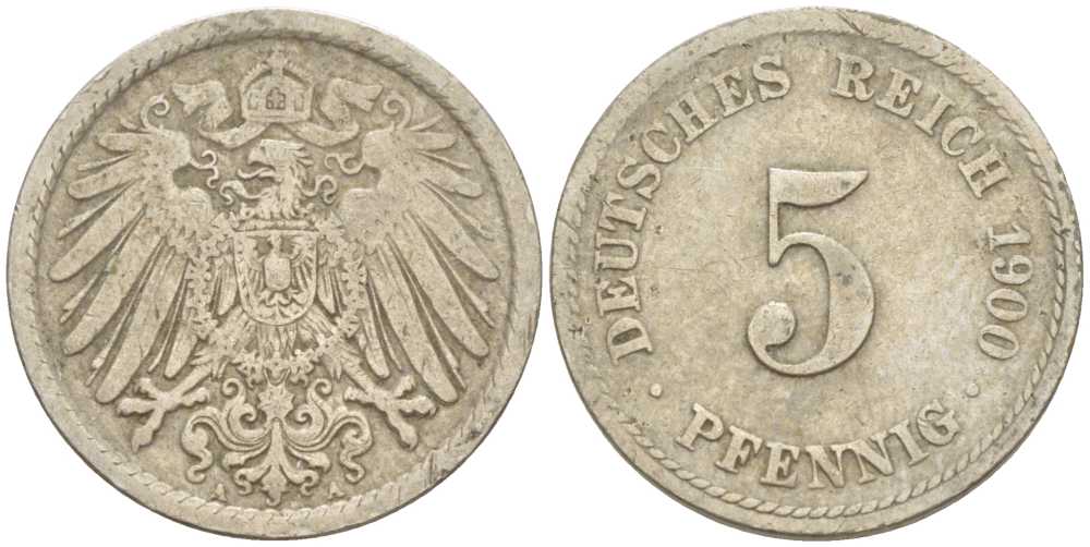 ГЕРМАНИЯ 5 ПФЕННИГОВ 1900 А KM 11, J. 12 медно-никель 206-1212