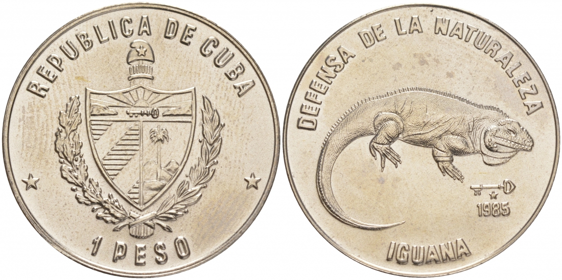 Куба 1 песо 1985 серия природный заповедник, игуана KM 182 медно-никель UNC 1526-821