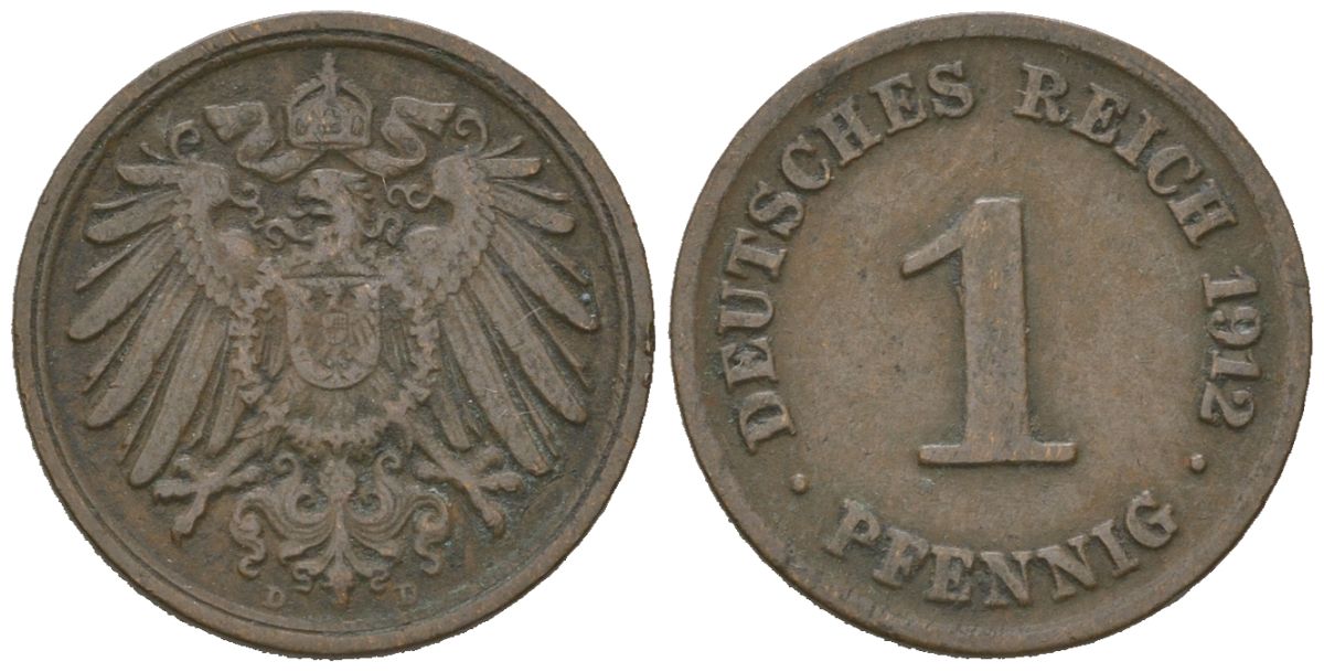 Германия 1 пфенниг 1912 D, Вильгельм II (1888-1918) KM 10, J. 10, Weege 2 медь 4615-226