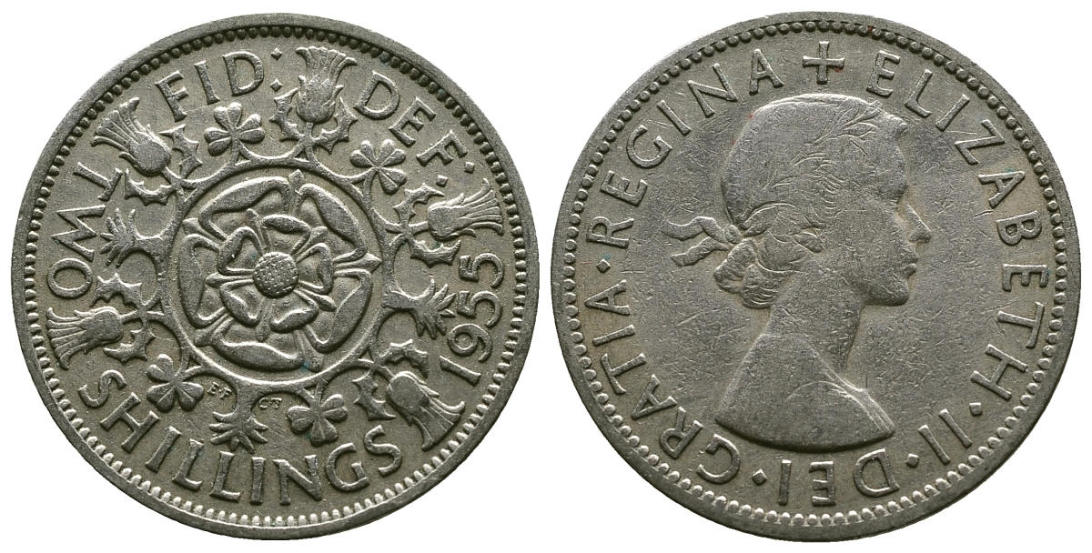 Великобритания 2 шиллинга (флорин) 1955 Елизавета II (1952-2022) KM 906, Spink 4146 медно-никель 4607-845