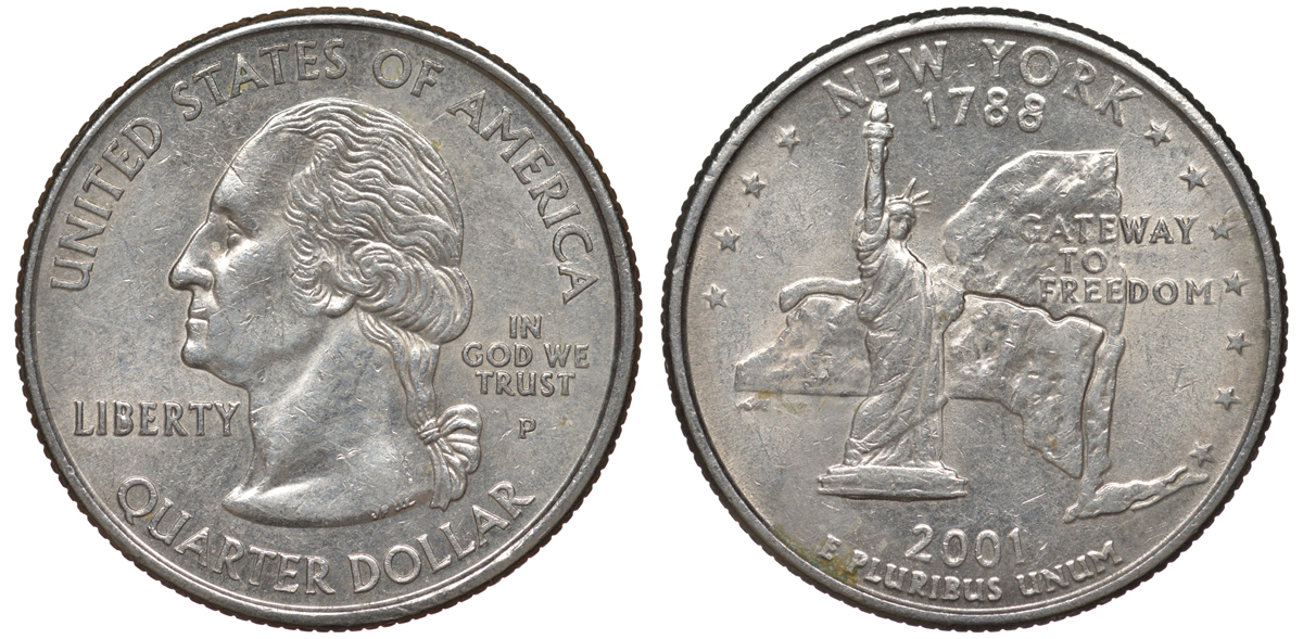 США 25 центов = квотер 2001 Р, серия штаты США, Нью-Йорк KM 318 медь плакированная медно-никелем 4541-417