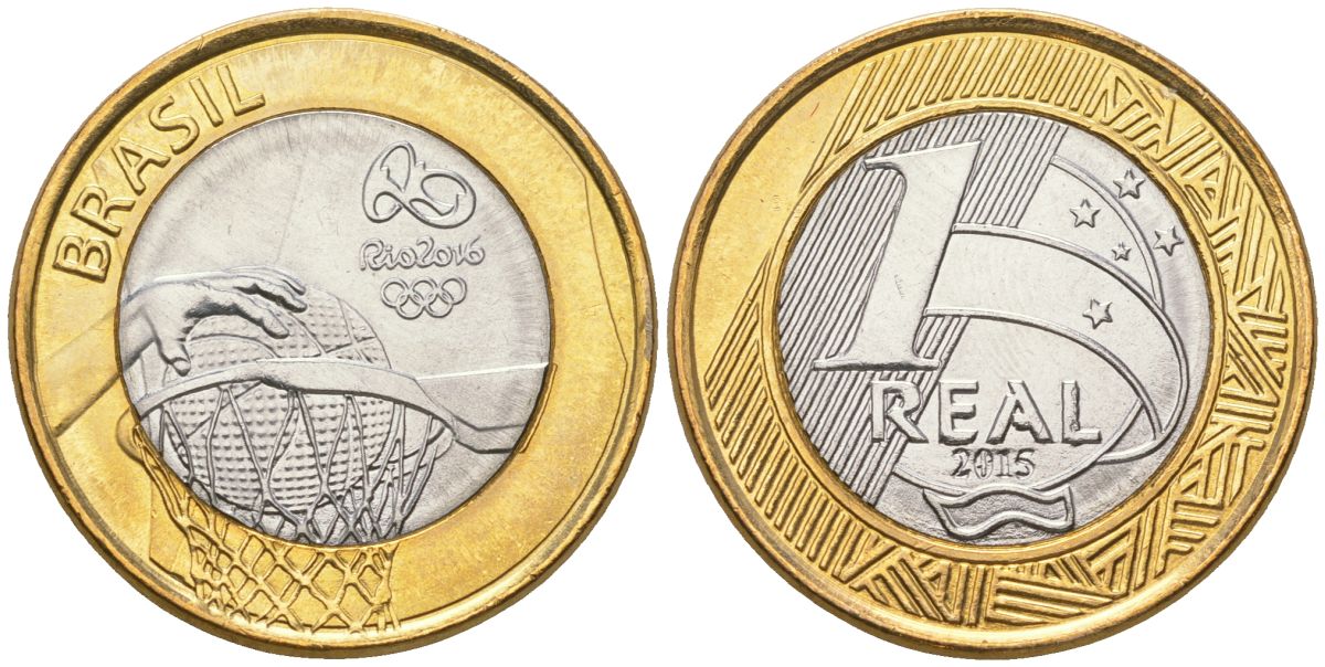Бразилия 1 реал 2015 XXXI летние Олимпийские Игры, Рио-де-Жанейро 2016 - Баскетбол KM 704 биметалл UNC 4139-1132